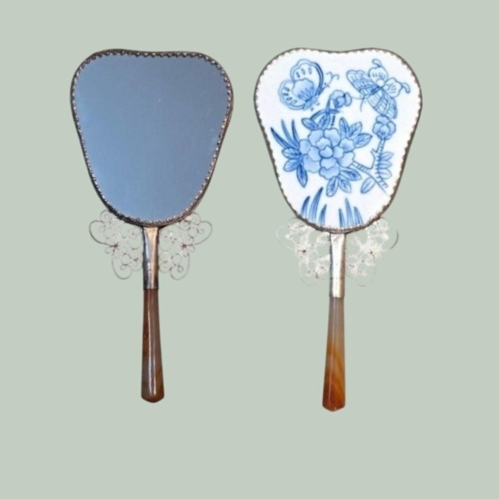 Vintage Chinese Hand Mirror Chinoiserie Porcelain Butterfly Vanity Decor Box‎